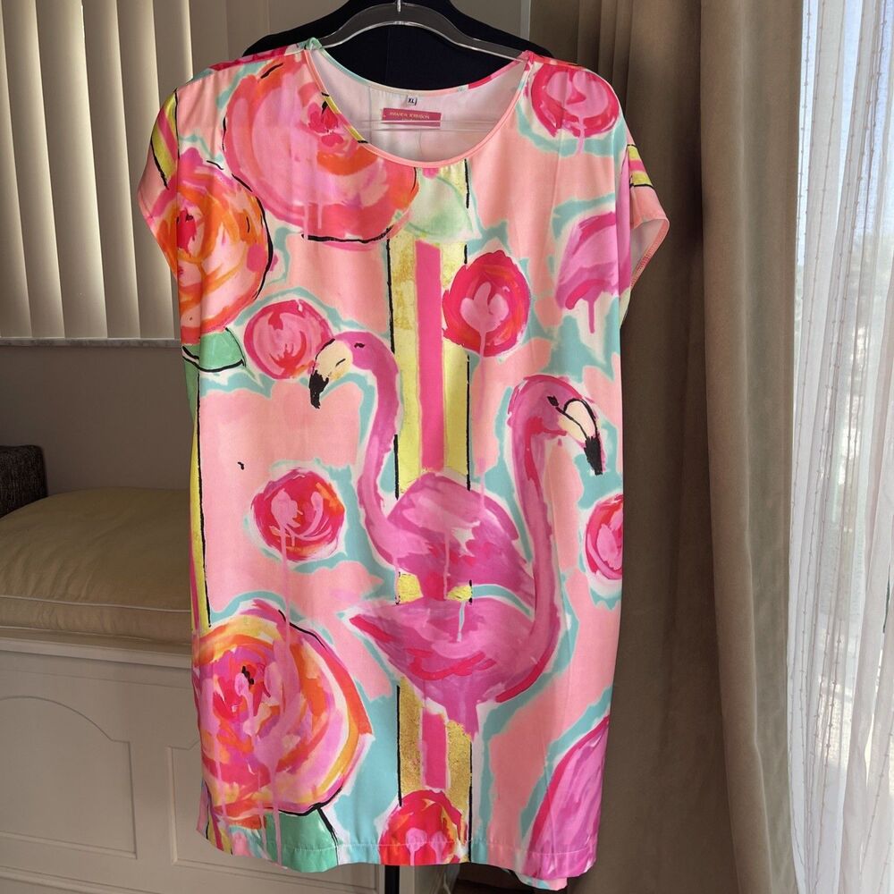 Amanda Johnson Studio Dress Tunic Cover Up Pockets Colorful Flamingo L - Picture 2 of 8
